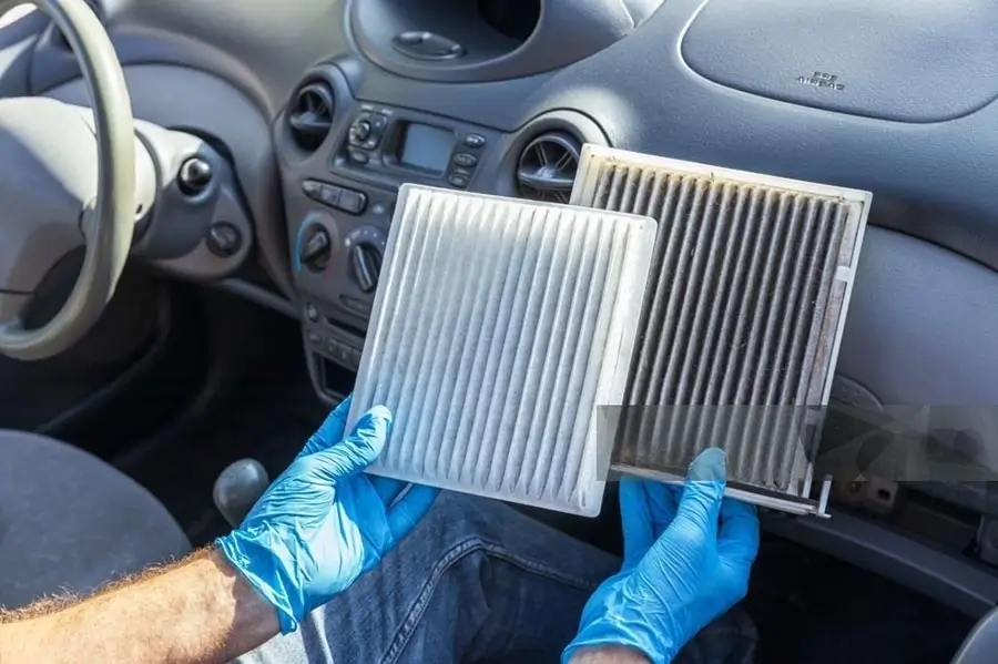 Side-by-side comparison of a clogged dirty cabin air filter versus a clean cabin filter replacement.